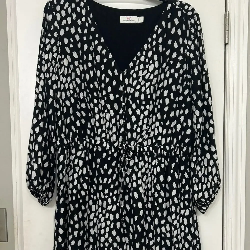 Vineyard Vines Black White Silk Blend Dress Large V Neck Long Sleeve Ruffle Hem - Picture 4 of 16